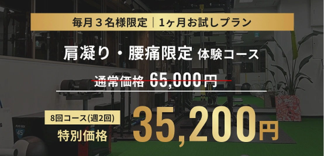 1ヶ月お試しプラン 肩凝り・腰痛限定 体験コース 通常価格65,000円 特別価格35,200円