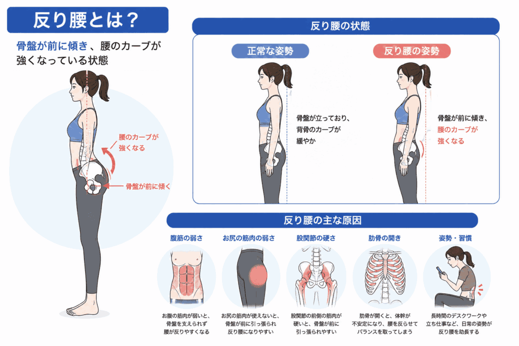 反り腰の姿勢と原因を解説するイラスト｜大阪のコンディショニングジムアート